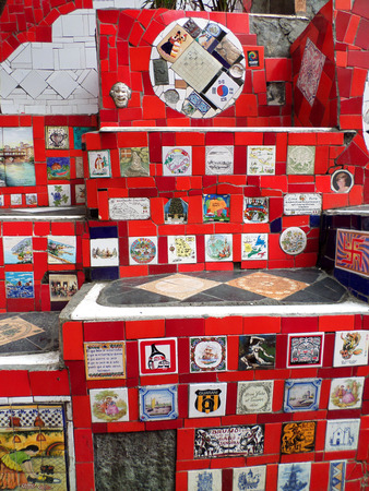 Tiles from around the world on Escadaria Selaron in Rio de Janeiro, Brazil.のeditorial素材