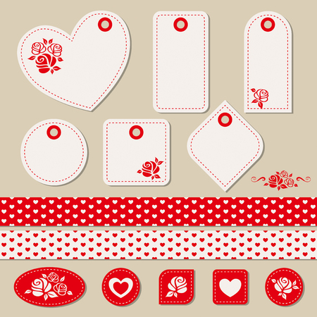 set of romantic tags, stickers, ribbonsのイラスト素材