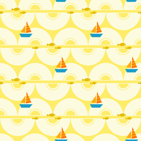 seamless summer pattern with boats and fishesのイラスト素材