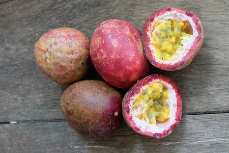 Passion fruit close up on wooden table