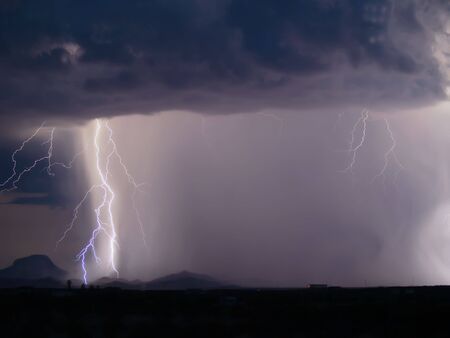 Lightning striking the ground during a nighttime storm