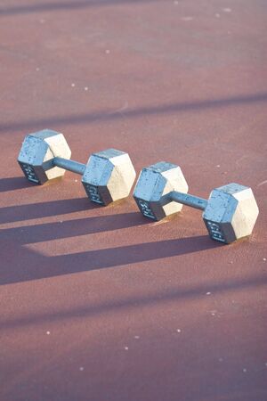 Two thirty-five pound hand weights are sitting side by side one another on a tennis court.  Vertically framed shot.の写真素材