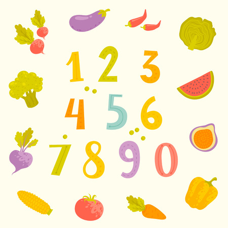 Vector cartoon fruits and vegetables numerals for kidsのイラスト素材