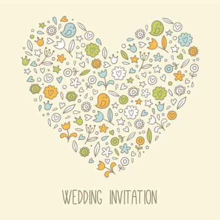 cute wedding invitation with heart and flowers.のイラスト素材