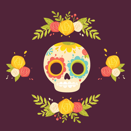 Day of the dead colorful illustration. Mexican sugar skull and flowers. Calavera card.のイラスト素材