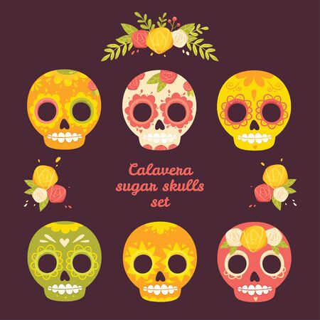 Day of the dead colorful set of skulls. Mexican sugar skulls and flowers. Calavera set.のイラスト素材