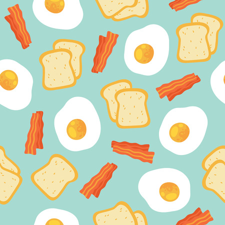 morning breakfast seamless pattern with scrambled eggs, toasts and bacon. Cartoon illustration on blue background.  Seamless pattern can be used for wallpapers, web backgrounds.のイラスト素材