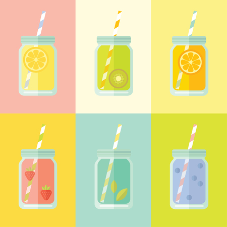 Flat colorful design style modern illustration set of mason jar . Summer lemonades with fruits lemon, kiwi, orange, strawberries, mint, blueberries.のイラスト素材