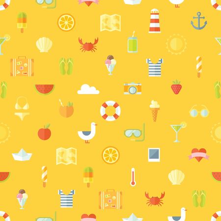 Travel vacation modern style flat design seamless pattern. minimal background. Summer tourism, planning the journey, travel objects, passenger luggage and equipment in bright colors.のイラスト素材