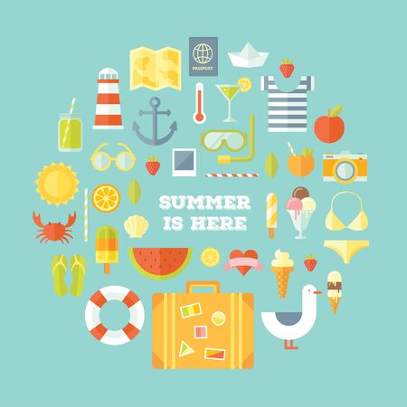 Travel vacation modern style flat design set. concept illustration. Summer tourism, planning the journey, travel objects, passenger luggage and equipment. Objects colorful collection.のイラスト素材