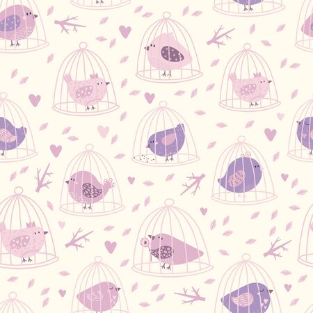 Lovely seamless pattern with cute birds, leafs, hearts and tree branches.のイラスト素材