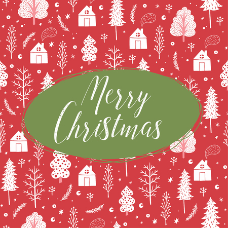 Cozy christmas card with seamless pattern made of winter trees, houses, snowflakes and letteribng. This vector art is ideal for housewarming poster, objects and t-shirts decoration, postcards.のイラスト素材