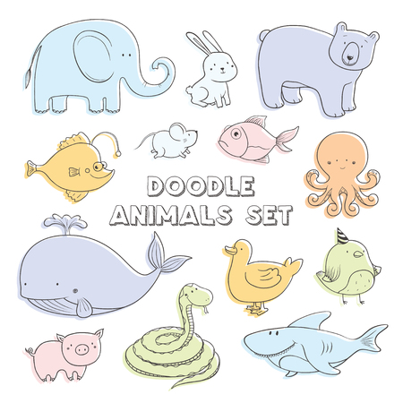 Cute pastel color vector cartoon doodle animals. Lovely sketch collection.のイラスト素材