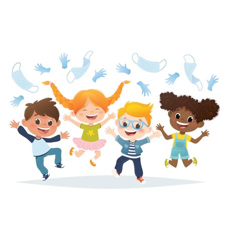 Vector set of cartoon multiracial kids jumping and laughing. Stop covid19 epidemy.のイラスト素材