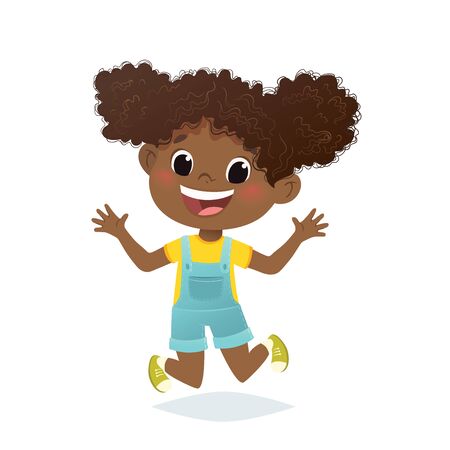 Vector afro american girl jumping and laughing. Cartoon funny character design, isolated on white background.のイラスト素材