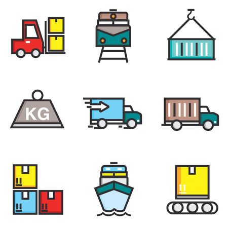 Logistic system vector flat icon colour set, illustrationのイラスト素材