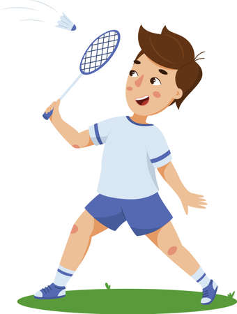 funny boy cartoon playing badmintonのイラスト素材