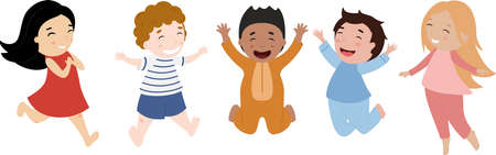 children of different nationalities jumping in a place in pajamas on a white backgroundのイラスト素材