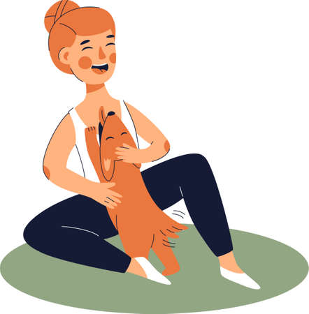 Happy child with funny dog. Cute girl with petのイラスト素材