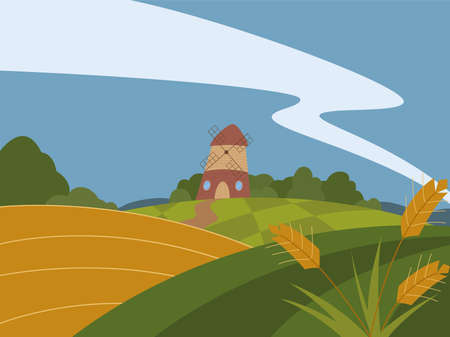 Rural landscape with wheat field and mill on the hill. Vectoran illustration.のイラスト素材