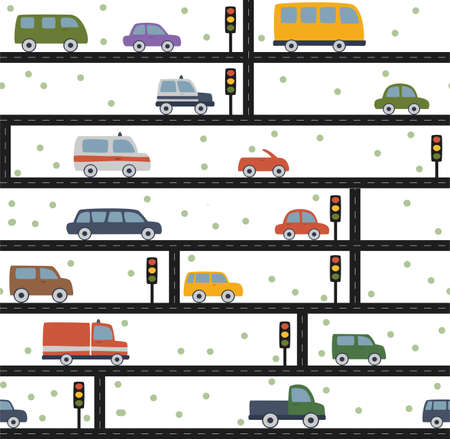 pattern with cars traffic light and road in cartoon styleのイラスト素材