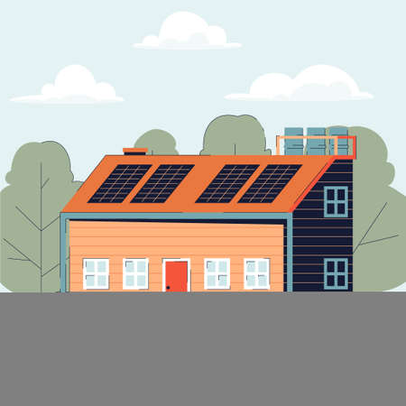 country house with solar panels and water system