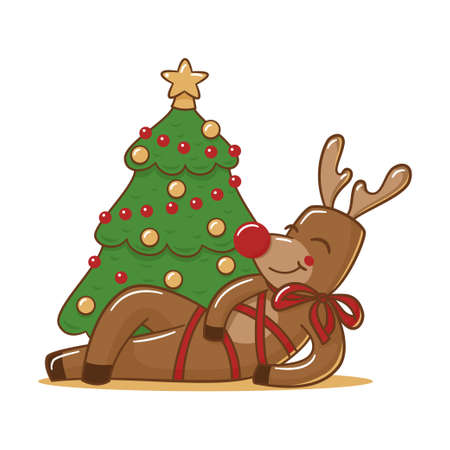 holiday deer lies under the christmas treeのイラスト素材