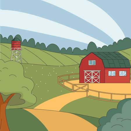 Rural landscape farm with red barn and water towerのイラスト素材