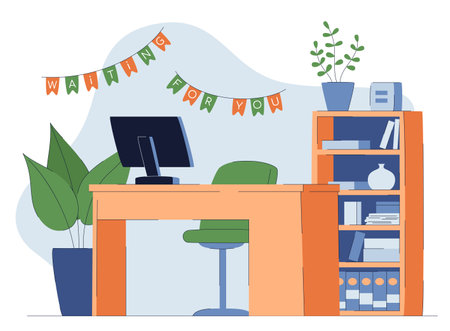 Workplace with an empty chair and a vacancy signのイラスト素材