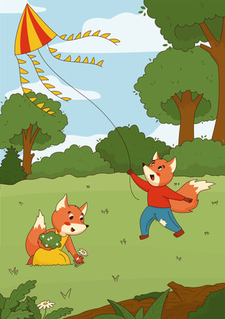 cartoon foxes playing in the forest gladeのイラスト素材