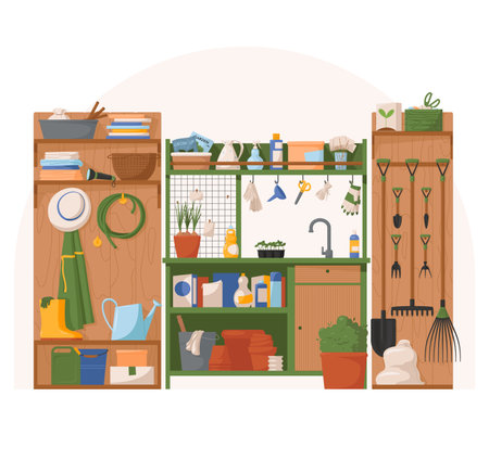 gardening table with shelves and sink, tools and flowersのイラスト素材