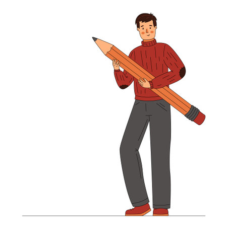 Student man stands and holds a big pencil Flat artのイラスト素材