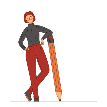 Student woman stands and holds a big pencil Flatのイラスト素材