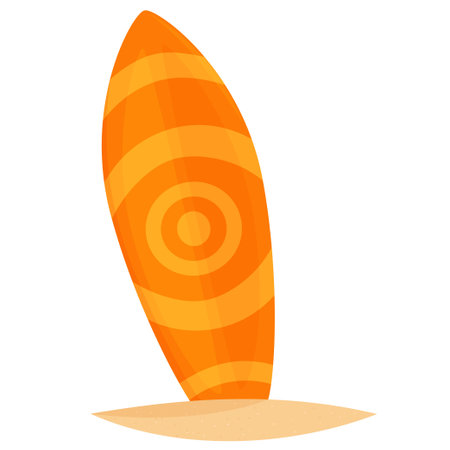 surfboard stuck in the sand, bright colors, summer vacation, vector illustration isolated on a white backgroundのイラスト素材