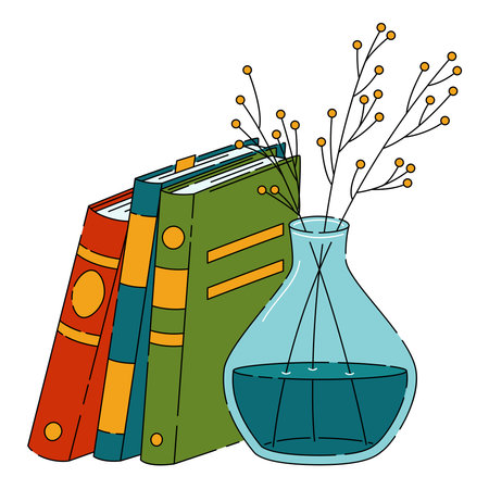 A stack of books is clouded on a vase of flowersのイラスト素材
