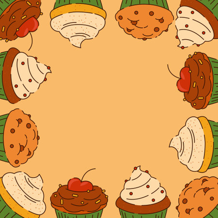 Square frame of cupcakes decorated with cream, cherry, chocolate drops, vector doodle illustrationのイラスト素材