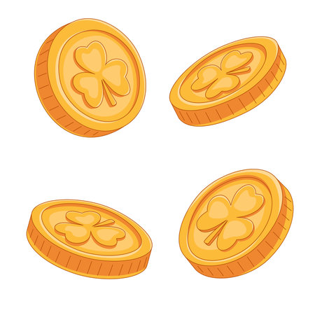 Collection with golden coins with leaf clover. St. Patricks day symbol. Vector illustrationのイラスト素材