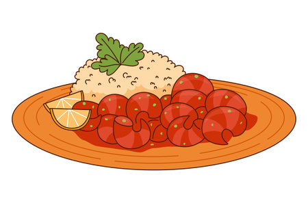 Vector illustration of Mexican dish Camarones a la Diabla, spicy shrimp with riceのイラスト素材