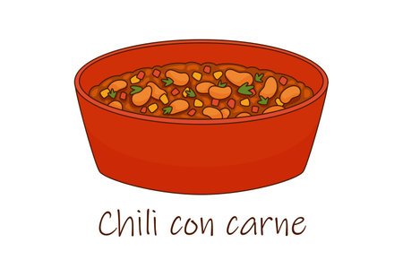 Traditional Mexican food with meat and beans chili con carne in a red bowlのイラスト素材