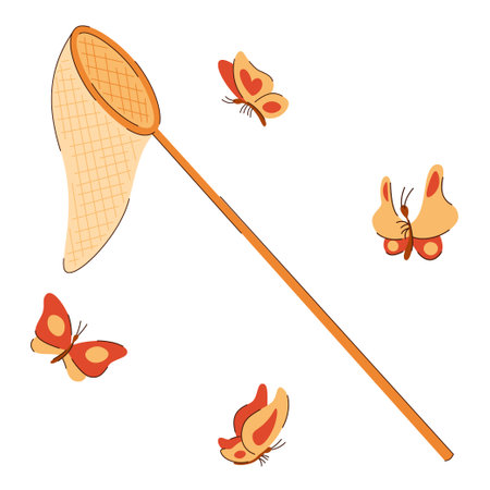 Cartoon illustration of a net trap for catching butterflies and several butterfliesのイラスト素材