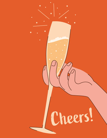 Hand holding a glass of champagne, with the word Cheers beside itのイラスト素材