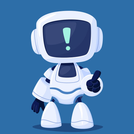 Cute robot shows warning sign with hand. Gadget and device, modern technology and digital world, artificial intelligenceのイラスト素材