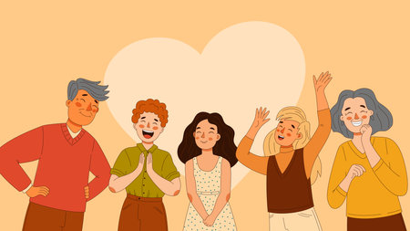 Happy family father and mother parents, boy and girls children in casual clothes vector cartoon flat illustrationのイラスト素材