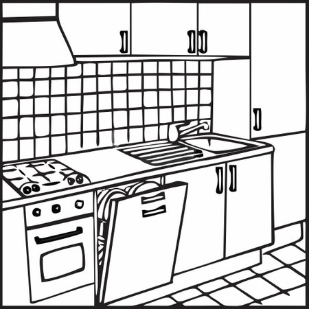 kitchen drawing, Interior sketch of kitchen room. Outline blueprint design of kitchen with modern furnitureのイラスト素材
