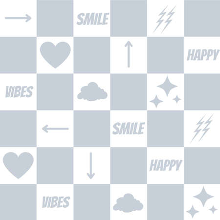 Grey Chessboard Y2K Pattern with Smile Happy Vibes Word and Heart Arrow Cloud Signの写真素材