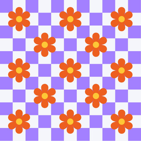 Purple Check Pattern With Orange Hippie Flowerの写真素材