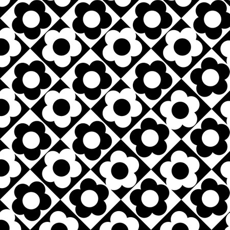 Black and White Diamond Check Flower Patternの写真素材
