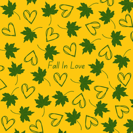 Green Maple Leaves Heart Autumn Pattern With Yellow Background and Fall in Love Quoteの写真素材