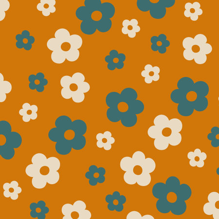 Seamless pattern with blue flowers on orange background. Vector illustration. Preppy Brown Blue Hippie Flower Patternの写真素材