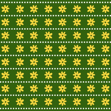 Seamless pattern with flowers and dots on a green background. Green Yellow Stripes Flower Patternの写真素材
